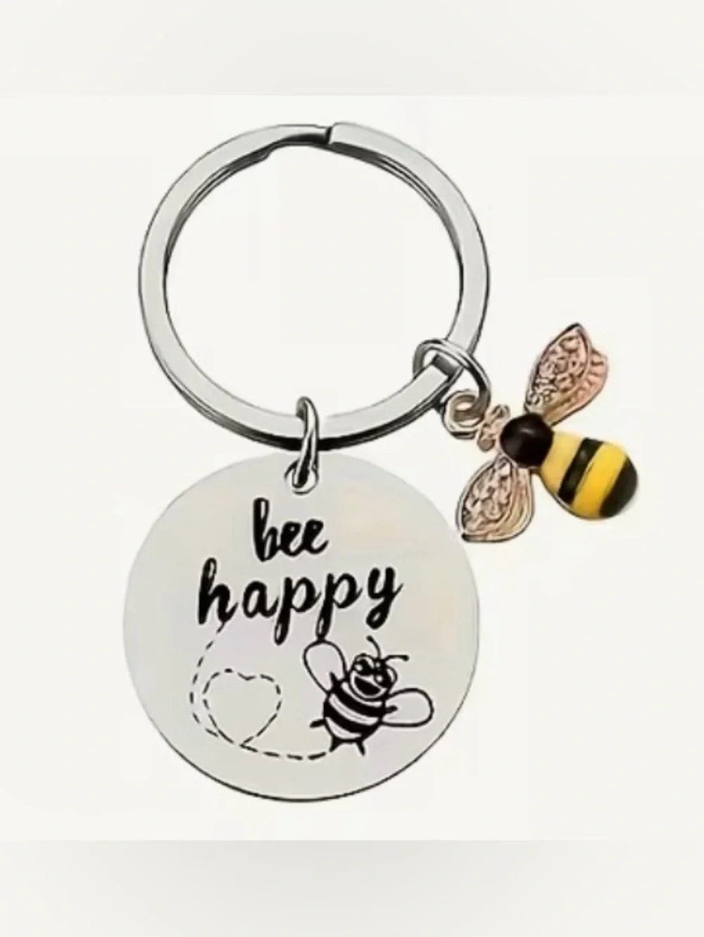 Bee Happy Engraved Round Keychain with Bee Charm - Silver & Yellow